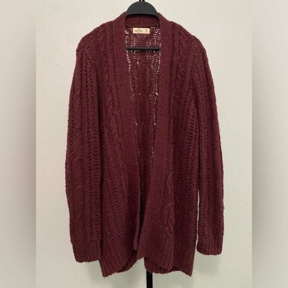 Hollister Chunky Cableknit Burgundy Cardigan Womens M Granola Cottagecore Cozy
